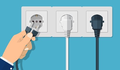 Electrical outlet and hand with plug. Electrical components. Wall socket with cable. Vector illustration in flat style - obrazy, fototapety, plakaty