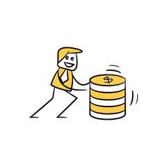 businessman pulling stack of dollar coins yellow stick figure