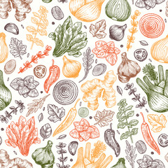 Herbs and spices seamless pattern. Ginger, spinach, onion, pepper, garlic, fennel. Packaging background. Vector illustration