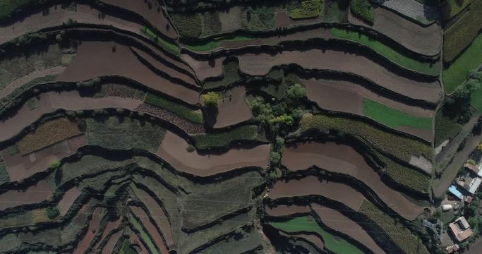 aerial view of  terraced fields and village from above. Qinghai, China
