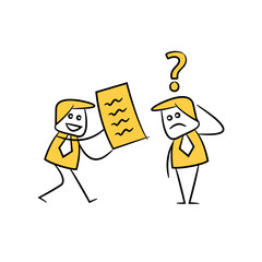 businessman showing document to his colleague yellow stick figure