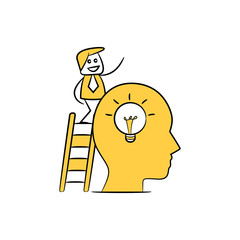 business climbing stair and putting light bulb to brain, creativity concept yellow stick figure