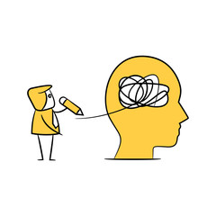 businessman writing brain for solving problem concept yellow stick figure