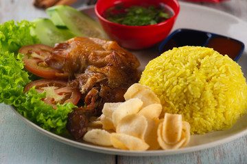 Asian food nasi lemak with fried chicken