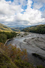 Fototapeta na wymiar Shahe river and Caucasus mountains near Sochi, Russia. 2 November 2019