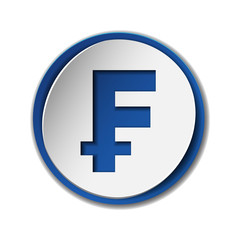 Swiss Franc currency symbol on round sticker with blue backdrop