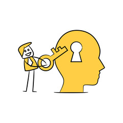 businessman use key to unlock mind yellow stick figure