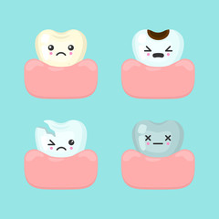 Different bad teeth - dirty, caries, broken, dead, dental stomatology vector concept. Cute cartoon vector teeth isolated illustration