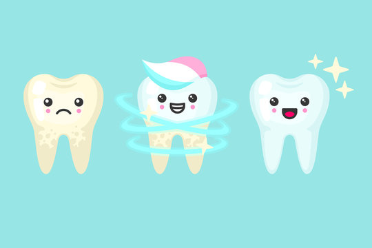 Tooth whitening and cleaning stomatology concept. Cute colorful cartoon vector teeth isolated illustration