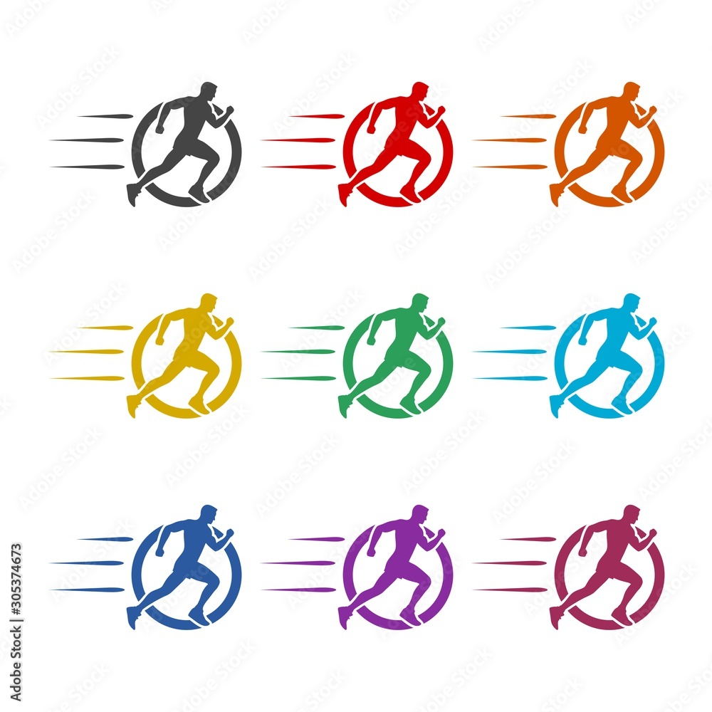 Poster running man color icon set on white background