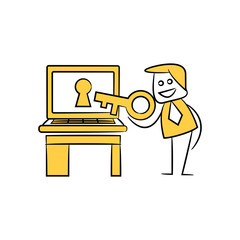 businessman using key access laptop log in yellow stick figure