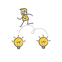 businessman jumping on light bulbs yellow stick figure