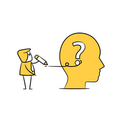 businessman writing question mark in human head, for problem solving concept yellow stick figure