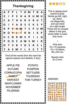 Thanksgiving Zigzag Word Search Puzzle (suitable Both For Kids And Adults). Answer Included.