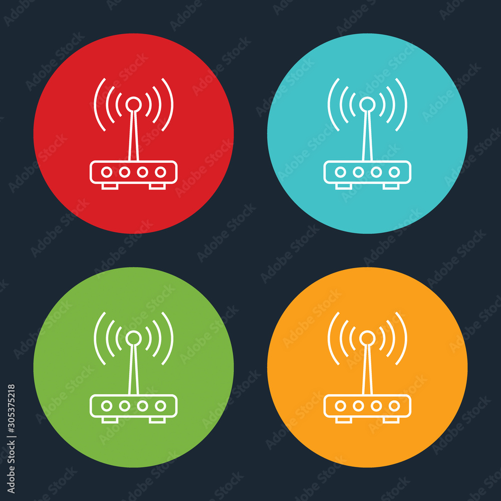 Poster very useful wi-fi router line icon on four color round options.