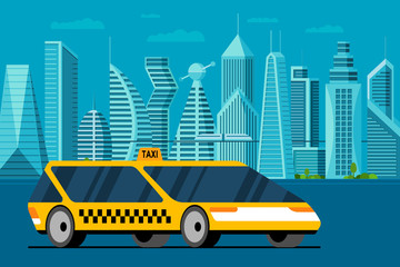 Futuristic yellow car near on future cityscape road. Get taxi cab vehicle service in smart city with skyscrapers and towers. Flat vector illustration