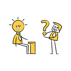 businessman holding question mark and mister idea yellow stick figure