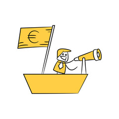 businessman using binoculars on ship with Euro flag yellow stick figure
