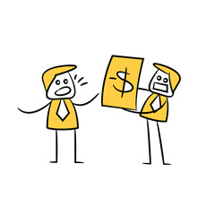 businessman showing debt bill to debtor yellow stick figure