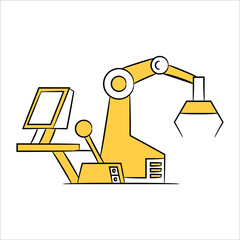 robotic arm, machine and monitor screen in manufacturing process, yellow hand drawn
