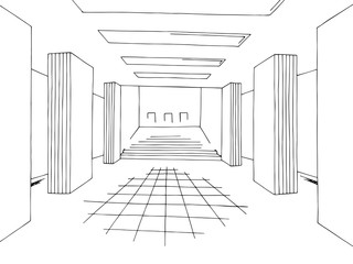 Subway station platform graphic black white sketch illustration vector