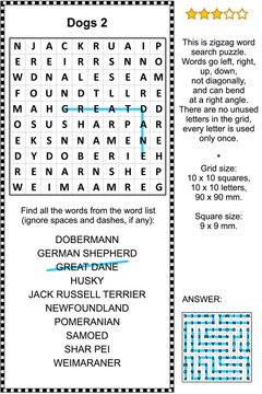Dog breeds zigzag word search puzzle 2 (suitable both for kids and adults). Answer included.