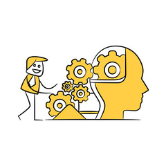 businessman and human brain with cogwheels yellow stick figure