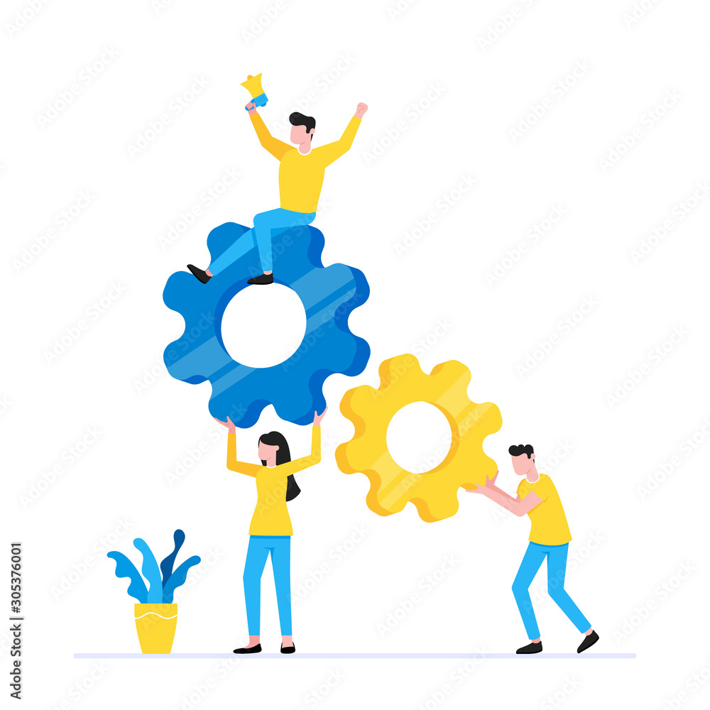 Poster teamwork concept with tiny people characters working together with big gears settings icons. teamwor