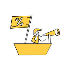 businessman using binoculars on boat with percent profit flag yellow stick figure