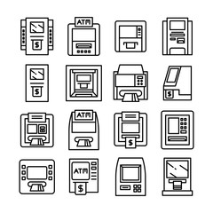 ATM, money machine icons set line design