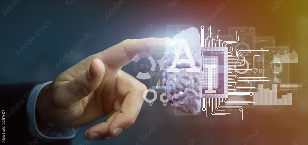Poster business man holding artificial intelligence icon with half brain and half circuit 3d rendering