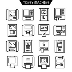 ATM, money machine icons set line design