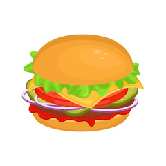 Delicious hamburger with cutlet. Vector illustration of fast food. Junk food.