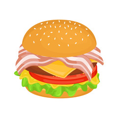 Delicious hamburger with cutlet and bacon. Vector illustration of fast food. Junk food.