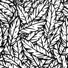 Vector black and white seamless pattern. Abstract leaves or feathers. Nature elements decoration. Wallpaper background. Template for linen, textile, napkins, clothes,upholstery. Graphic design artwork