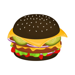 Delicious hamburger on a black bun with cutlet. Vector illustration of fast food. Junk food.