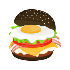 Delicious hamburger on a black bun with cutlet, scrambled eggs and bacon. Vector illustration of fast food. Junk food.