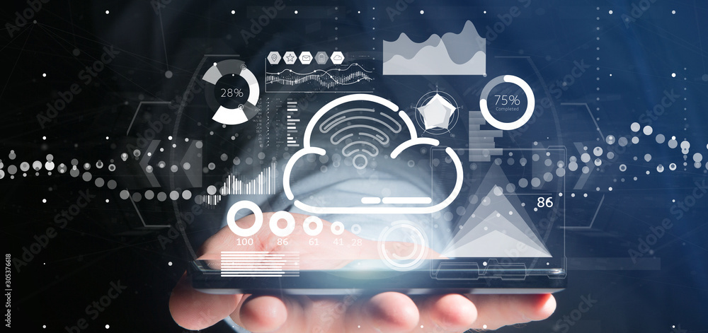 Poster businessman holding cloud and wifi concept with icon, stats and data 3d rendering