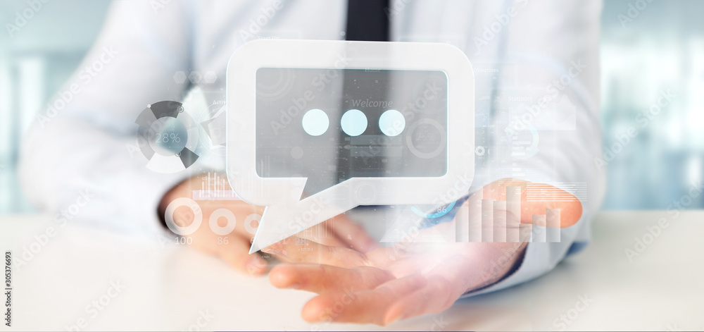 Poster view of a businessman holding a message icon with data in background - 3d rendering