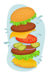 Delicious hamburger with cutlet. Vector illustration of fast food. Junk food.