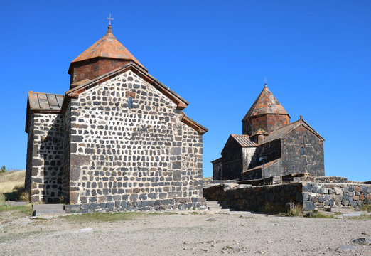 Surp Arakelots Church and Surp Astvatsatsin Church Against Vivid Blue Clear Sky, Sevanavank Monastery in Armenia 