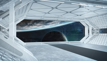 White blue spaceship futuristic interior with window view on space and planets 3d rendering
