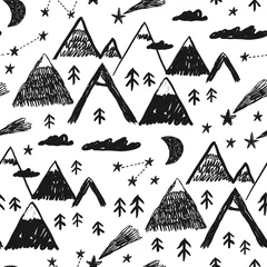 Foto op Plexiglas Bergen Schattig hand getekende naadloze patroon berglandschap. Perfect voor kaarten, uitnodigingen, behang, spandoeken, kleuterschool, babydouche, kinderkamerdecoratie. Scandinavisch landschap.