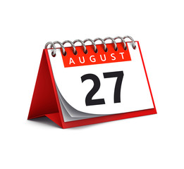 3D rendering of red desk paper summer month of August 27 date - calendar page isolated on whit