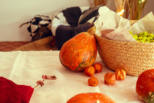 Close up shot of a  pumpkin and basket, autumn composition