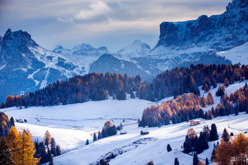 Beautiful Winter at Alpe di Siusi, Seiser Alm - Italy - Holiday background for Christmas. 