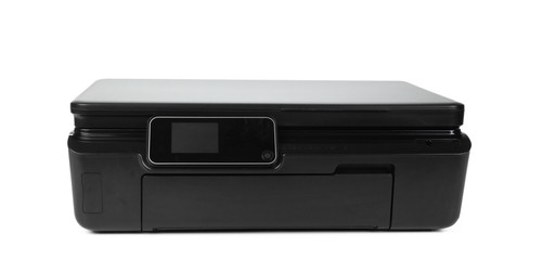 Black multi function printer isolated against a white background
