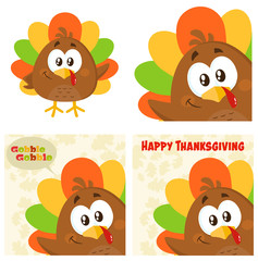 Cute Little Turkey Bird Cartoon Character Set 3. Flat Vector Collection 