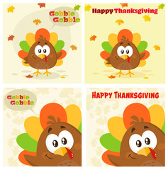 Cute Little Turkey Bird Cartoon Character Set 2. Flat Vector Collection