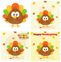 Cute Little Turkey Bird Cartoon Character Set 1. Flat Vector Collection